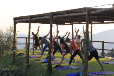 Outdoor Yoga Shala overlooking vineyards and olive grives